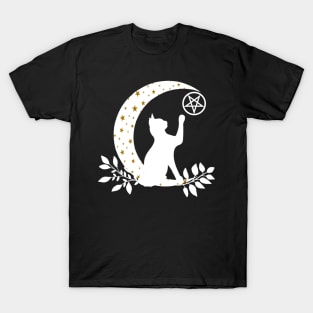 Wicca Crescent Moon Cat Pentacle And Gold Stars T-Shirt